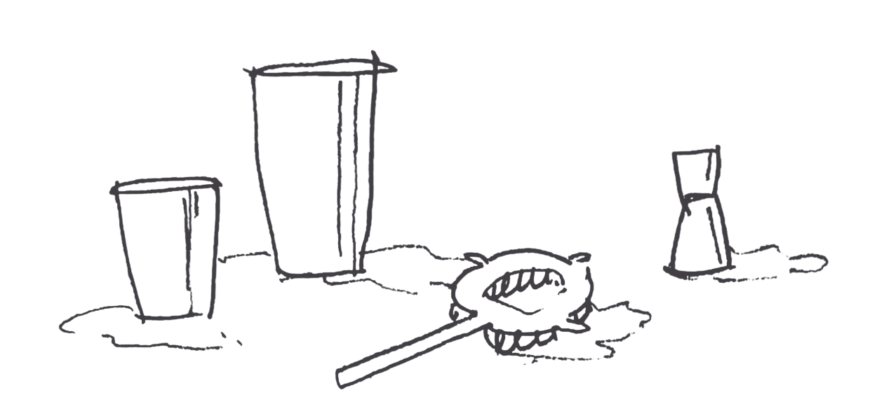 A simple line drawing of a bathroom with two drinking glasses, a bar of soap on a soap dish, and a soap dispenser on the sink.