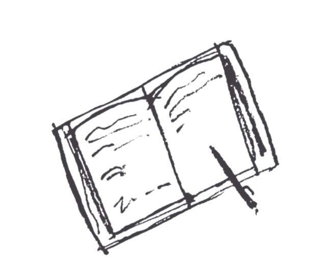 Drawing of an open notebook with handwritten notes and a pen lying on it.