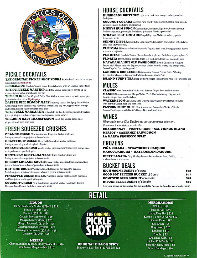 MENU — Pickles Pub's Sandbar
