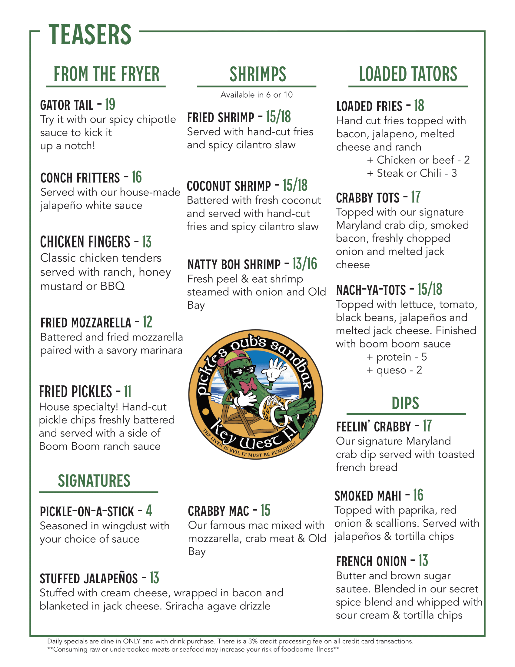 MENU — Pickles Pub's Sandbar