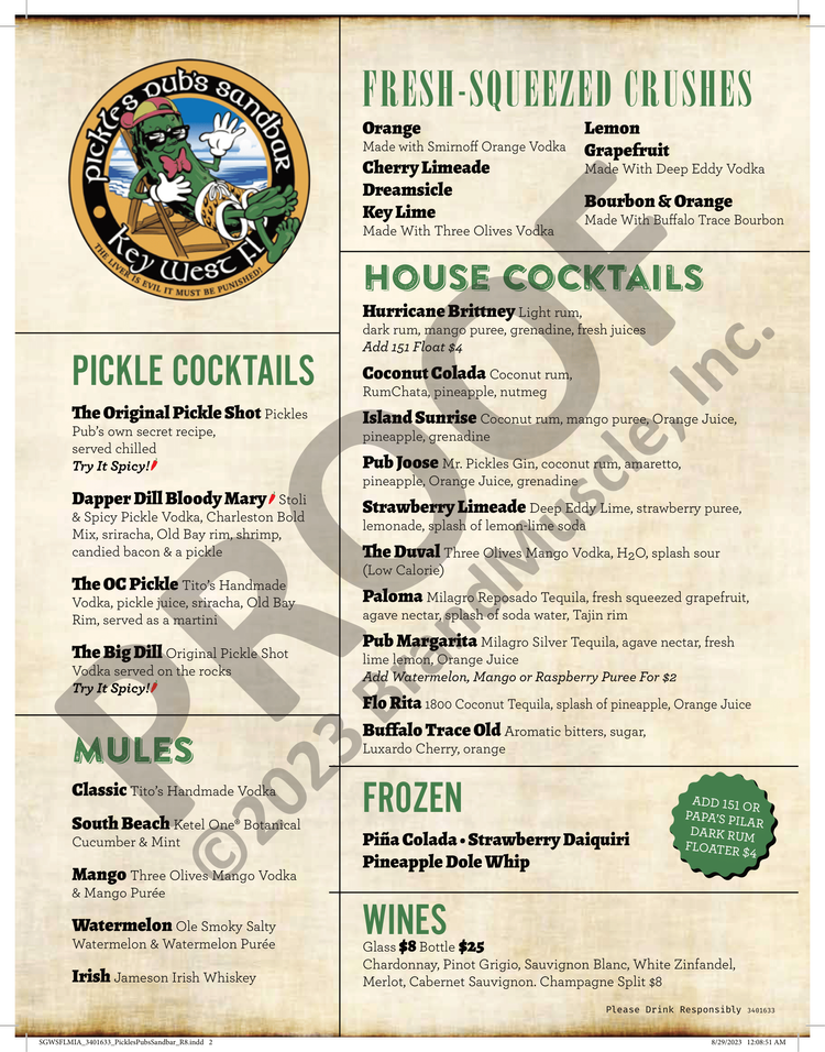MENU — Pickles Pub's Sandbar