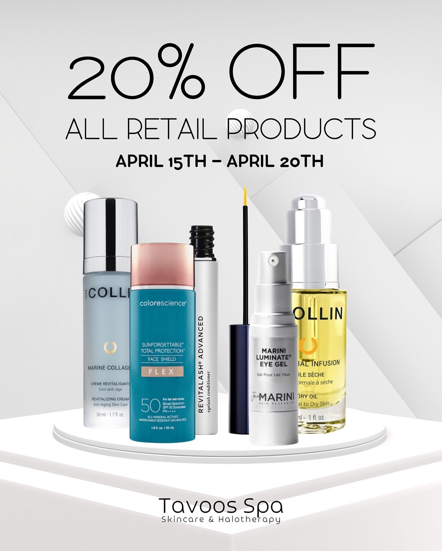 BIG SPRING SALE ✨🤍 

From April 15th-April 20th get 20% OFF all retail products! This sale only happens once a year so don&rsquo;t miss out!

Stock up on all of your favorite skincare products &amp; save 🙌 Stop by the spa during the sale and check 