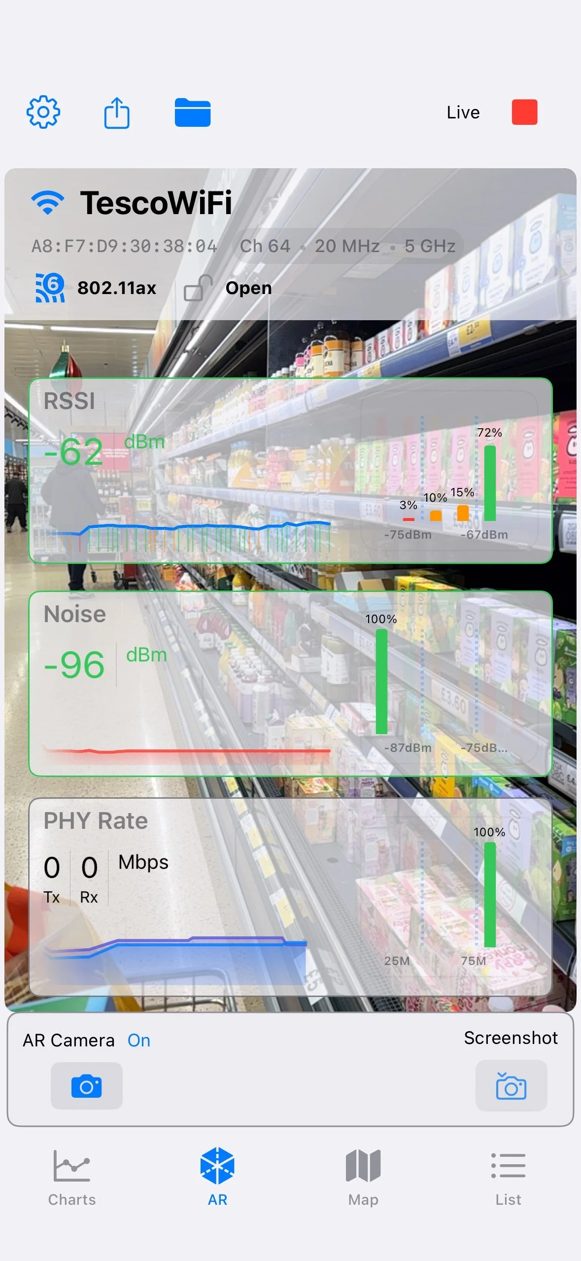 Screenshot of thje nOversight app displaying Wi-Fi signal and network information in augmented reality mode over a store aisle with shelves of products.