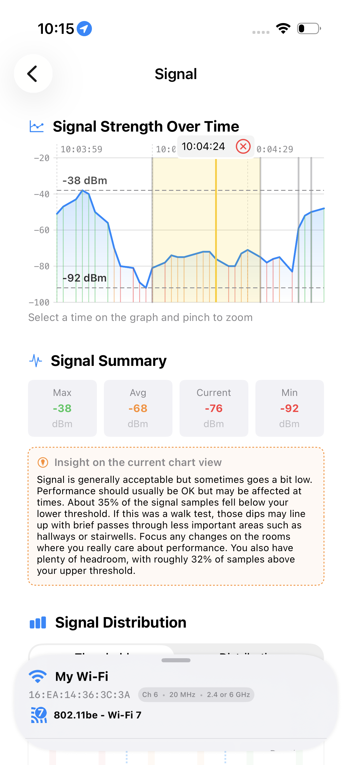 Screenshot of the nOversight app showing Wi-Fi signal strength and network information on a mobile device, showing signal strength over time, signal summary, and connected Wi-Fi networks.