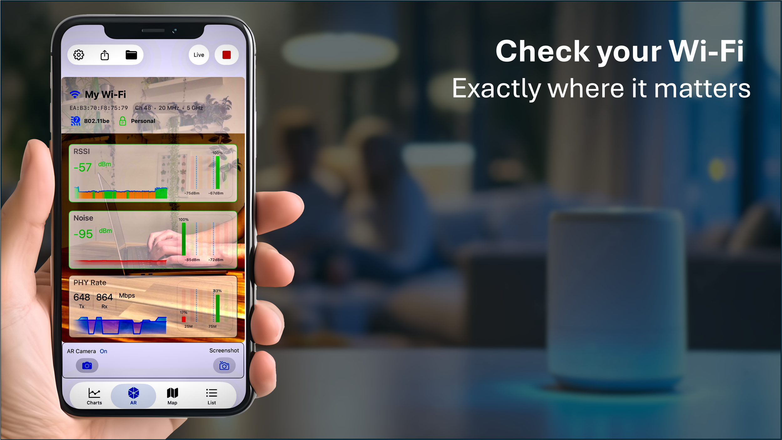 A smartphone screen displaying the nOversight app showing Wi-Fi signal strength and data metrics, including RSSI, noise level, and PHY rate, in a living room with a blurred background and a Wi-Fi router on a table.