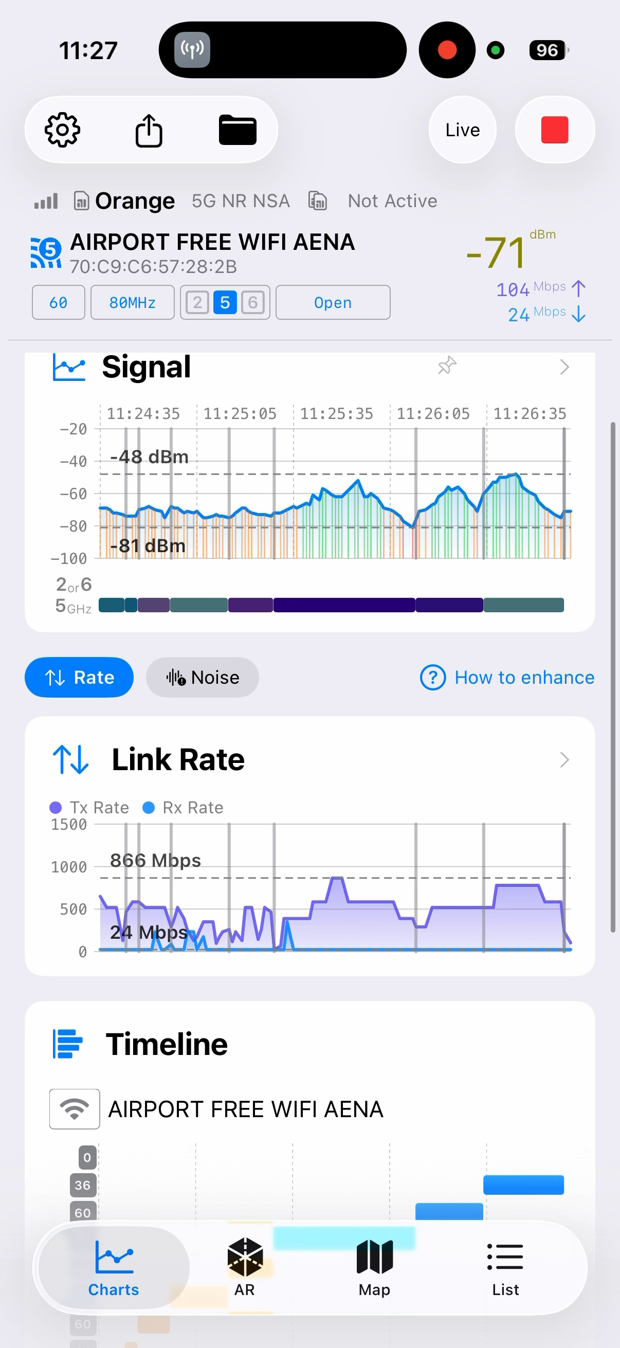 Screenshot of the nOversight app showing Wi-Fi and signal strength data for an airport free Wi-Fi network named 'AIRPORT FREE WIFI AENA,' including signal graphs, link rate charts, and a timeline of Wi-Fi usage.