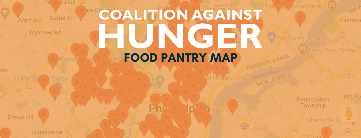 Map with icons indicating local food pantries and soup kitchens.