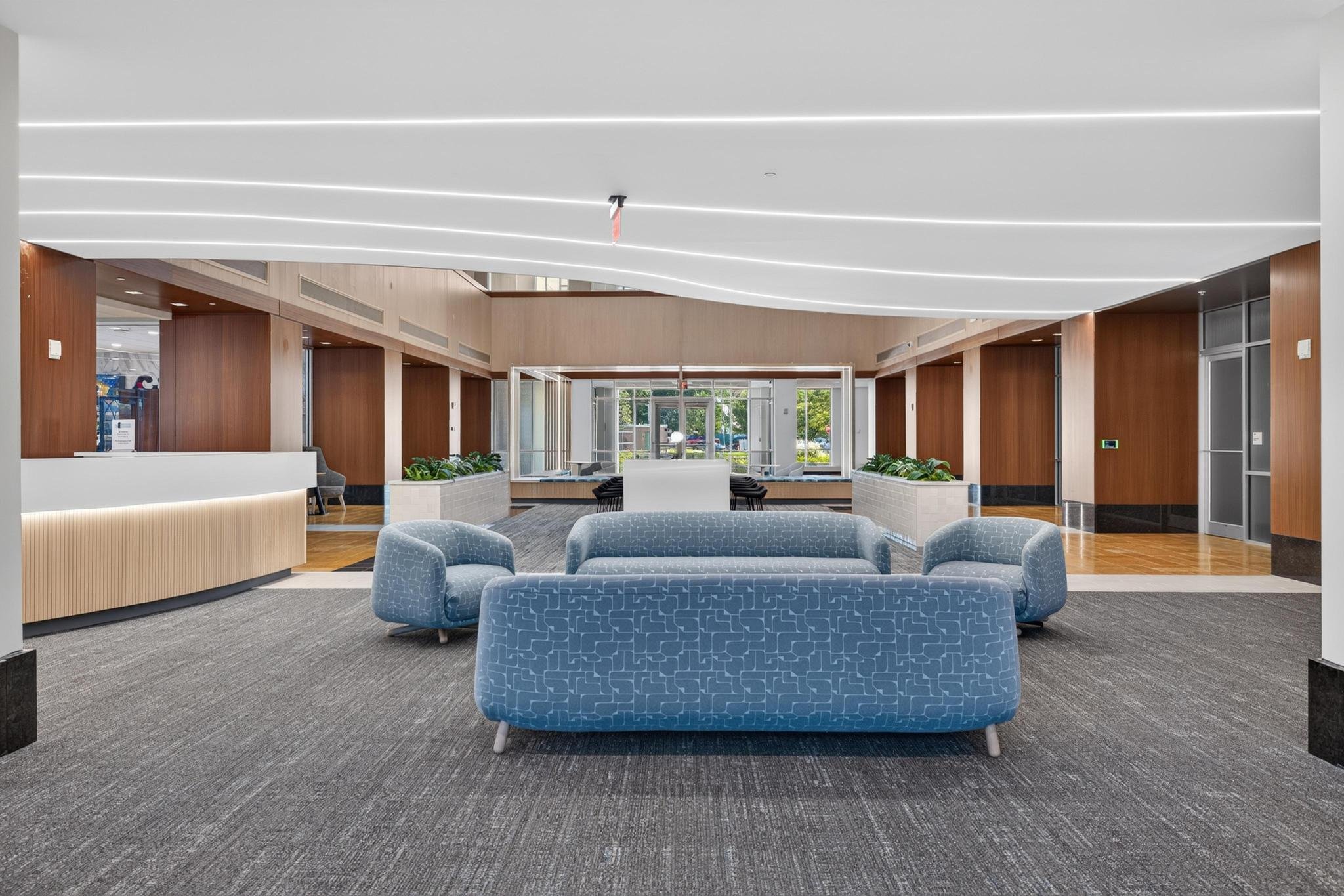 office lobby with blue seating