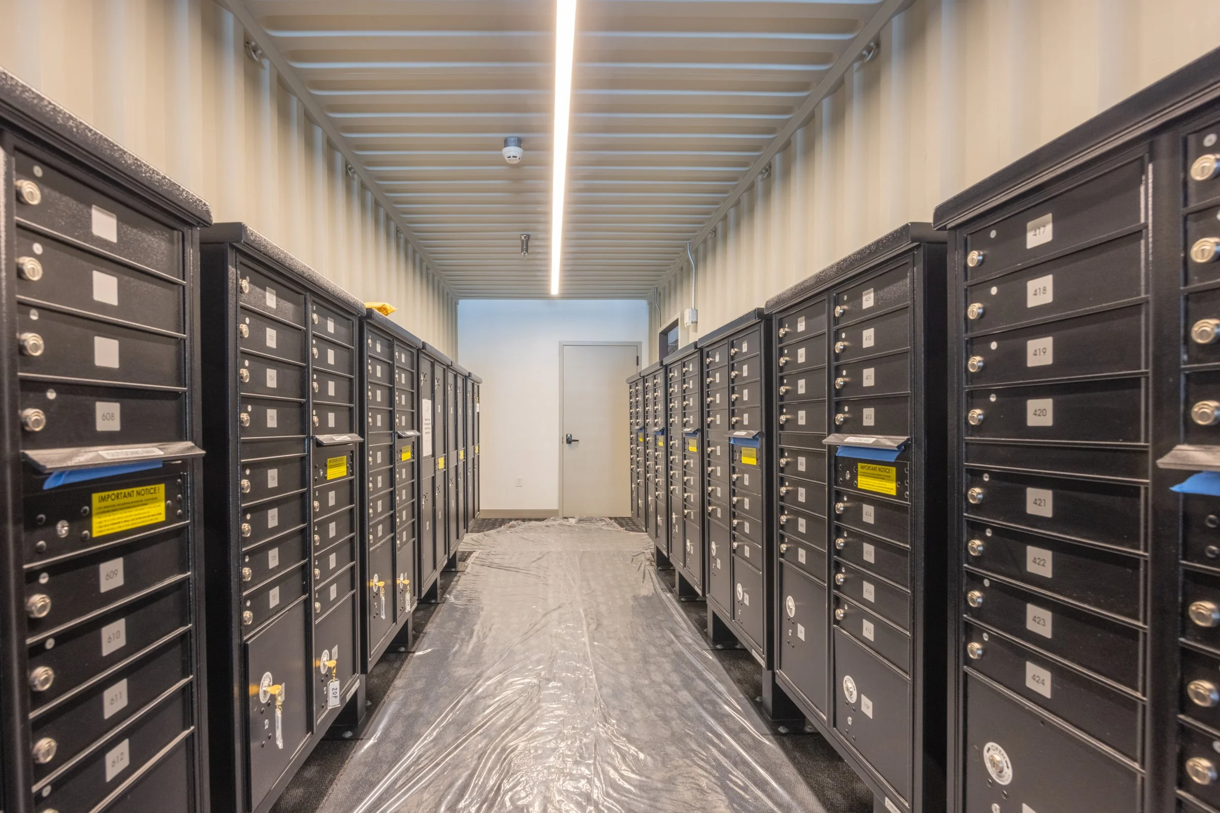 Mail room inside a converted train car
