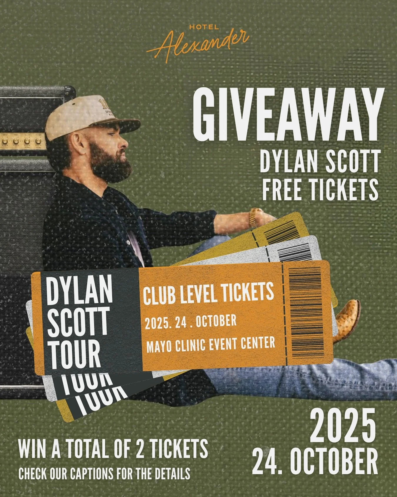 🎟️ GIVEAWAY ALERT! 🎶

We&rsquo;re giving away 2 Club Level tickets to see Dylan Scott LIVE at the Mayo Clinic Event Center, tomorrow, October 24th! 🤠✨

To enter:
1️⃣ Follow @HotelAlexanderMankato
2️⃣ Like this post
3️⃣ Tag the friend you&rsquo;d b