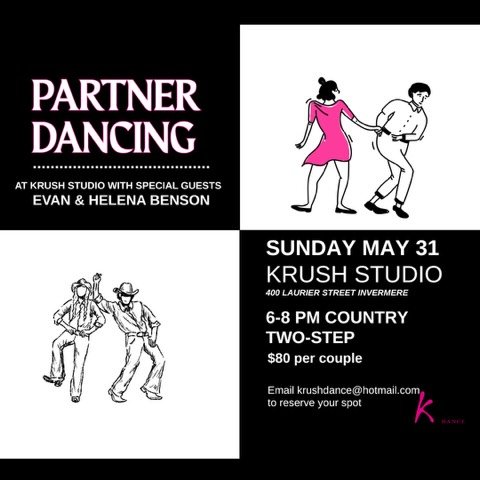 Have you ever been at a wedding or get together and not known how to dance? Well now is the time to learn.  Join us at Krush Studio for a country two-step session of partner dancing on May 31st in Invermere, BC from 6-8pm. 

Evan and Helena Benson ar
