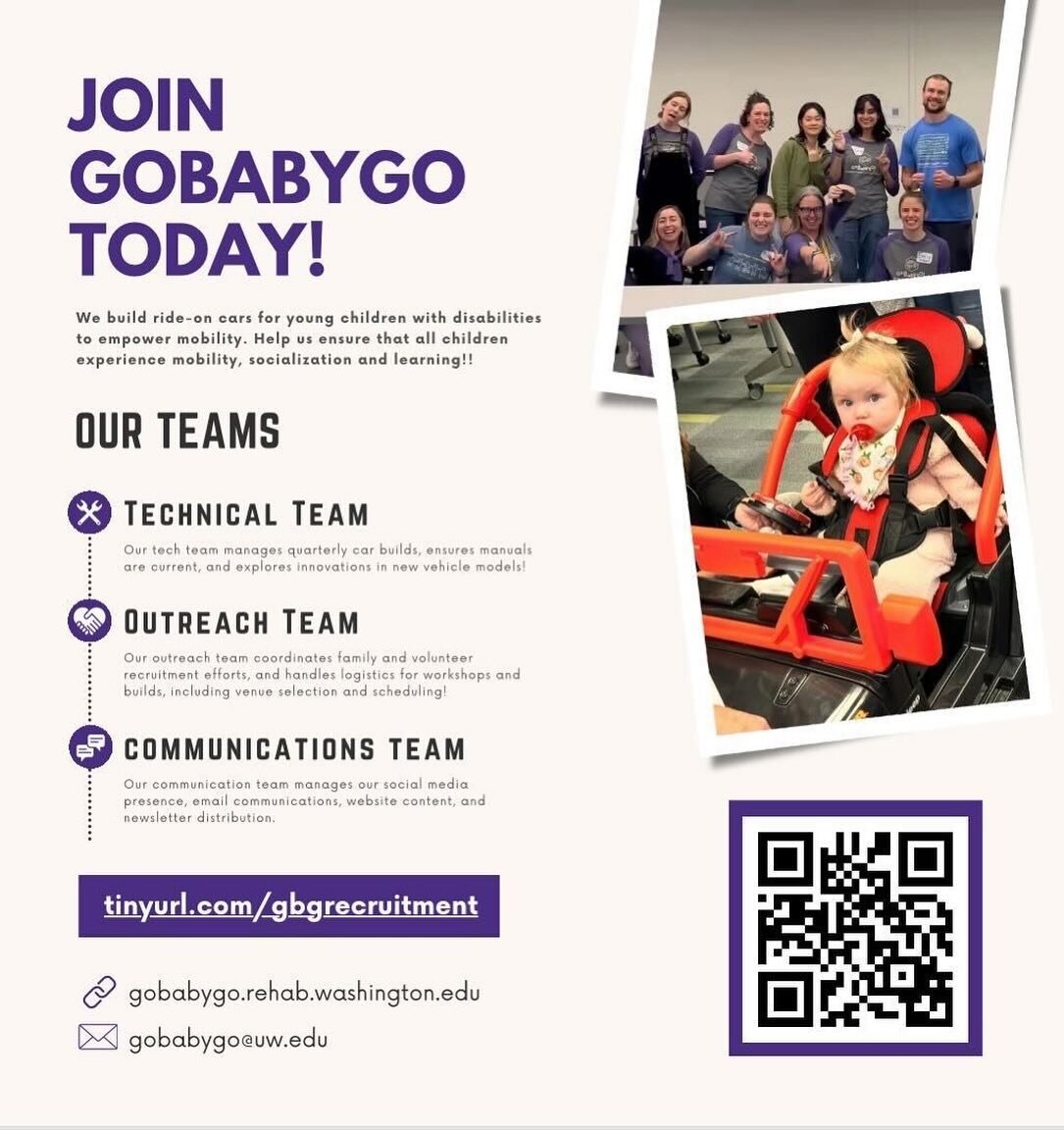 Interested in joining the GoBabyGo team? Leadership applications for GoBabyGo will open on Wednesday 4/3. If you&rsquo;re interested in having a more in-depth role in GoBabyGo, fill out our Google Form in bio, or scan our QR code. Applications close 