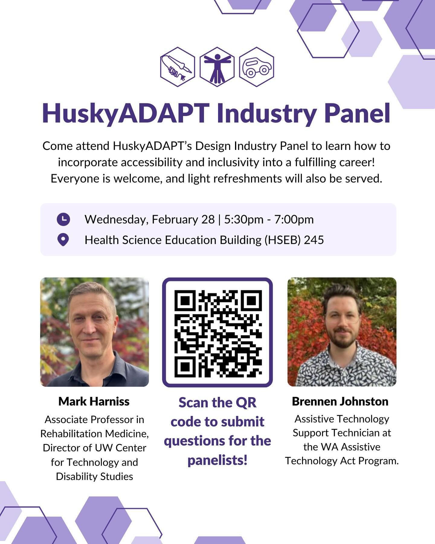 Come attend HuskyADAPT&rsquo;s Design Industry Panel to learn how to incorporate accessibility and inclusivity into a fulfilling career! Attendees will have the opportunity to ask questions and hear industry professionals&rsquo; experiences in access