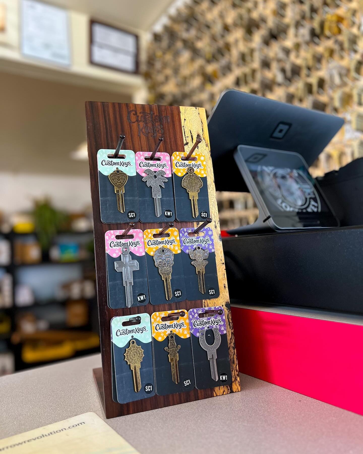 Thank you @customkeyscompany for the beautiful new display. We are the only locksmith shop on the Central Coast carrying these cool keys, be sure to stop by and check them out!