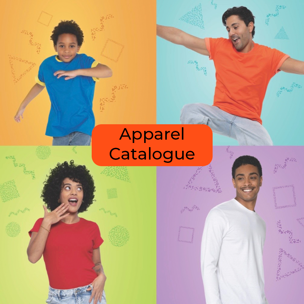 A collage of four people in colorful backgrounds, each wearing vibrant apparel. The top left features a young boy in a blue shirt with yellow accents, on an orange background. The top right shows a man in an orange shirt with gray pants, on a light blue background. The bottom left depicts a woman in a red shirt and jeans, on a green background. The bottom right has a man in a white shirt, on a purple background. The center has a red label with black text reading "Apparel Catalogue."