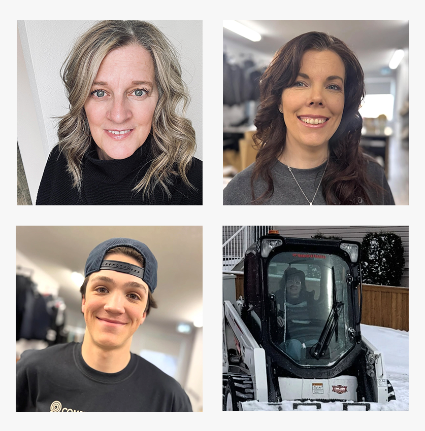 Four separate images: Top left is a woman with blonde, wavy hair smiling in front of a light-colored wall; Top right is a woman with long, dark brown curly hair smiling in a room with clothing racks; Bottom left is a young man with short dark hair wearing a black shirt and backward baseball cap, smiling indoors; Bottom right is a person with glasses driving a small black and white construction vehicle in the snow behind a wooden fence.