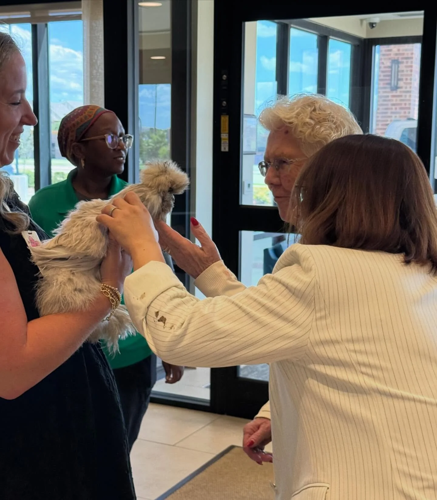 🐓🍸We had such a fun time yesterday with the residents and staff at @orchardpointeatcreekvalley.  The girls came to visit during happy hour and were serenaded by a very talented singer as a bonus.  Chicken Happy Hour is our newest therapy visit form