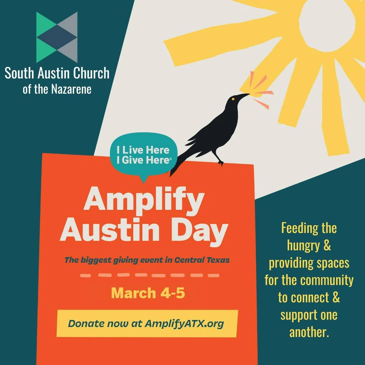 South Austin Church is an official participating nonprofit in Amplify Austin. Go to the AmplifyATX.org website, use the search tool to find us, and learn more!