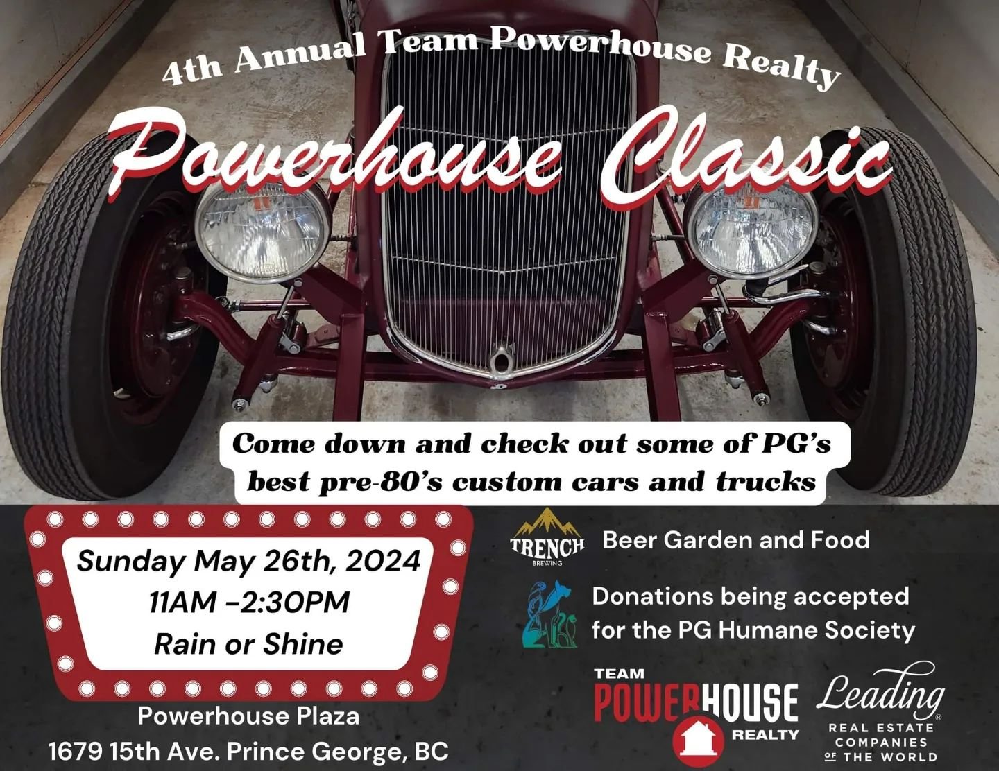 The 4th Annual Powerhouse Classic!🚘
May 26th, 2024  11 AM - 2:30 PM
Join us for, Cars, Beer, and Food! 
Bring a donation for the PG Humane Society! 🐶🐾
@trenchbrewing_distilling 
@team_powerhouse 
@pghumanesociety 

#classiccars #princegeorgebc #co