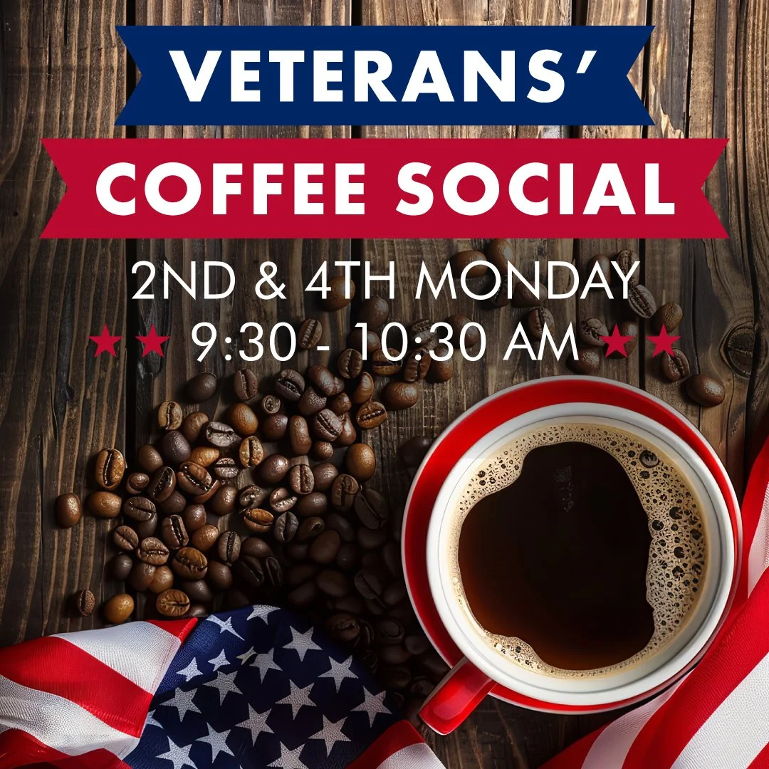 Informational poster for Veterans Coffee Social event. The poster has a dark wooden background with scattered coffee beans, an American flag, and a red mug of coffee. The text announces a social event on the 2nd and 4th Monday from 9:30 to 10:30 AM.