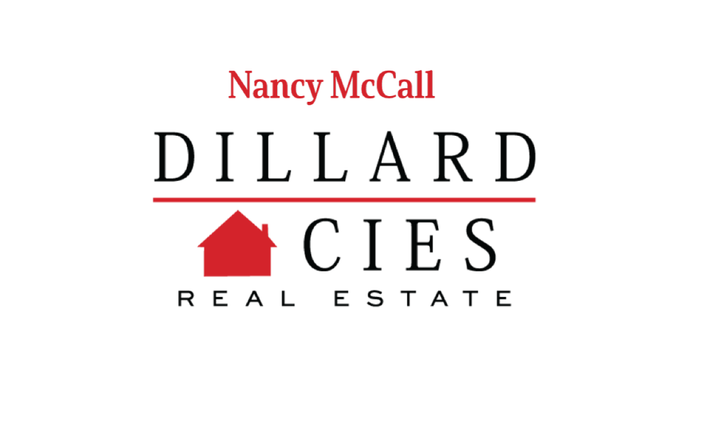 Logo for Nancy McCall Dillards Cies Real Estate featuring a red house icon and text in black and red.