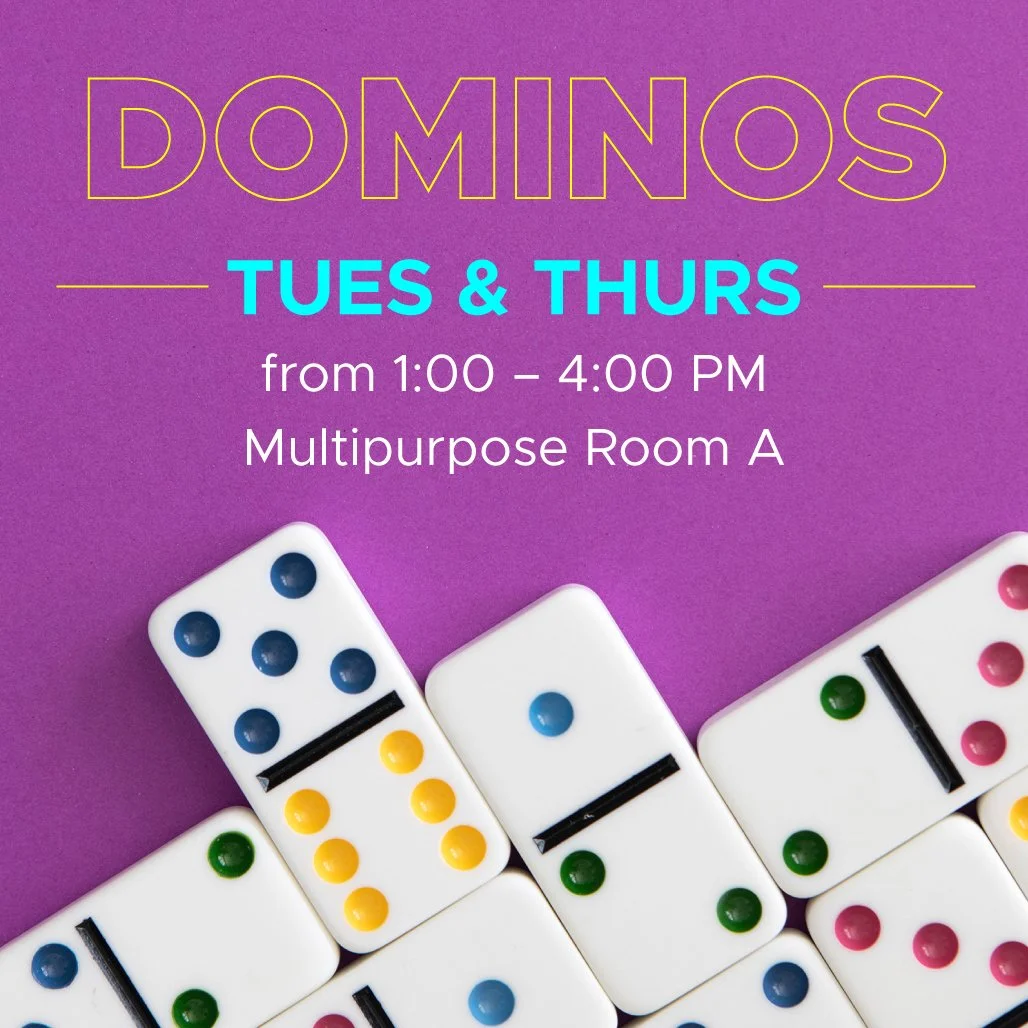 Sign advertising dominoes game times on purple background with colorful domino tiles at the bottom.