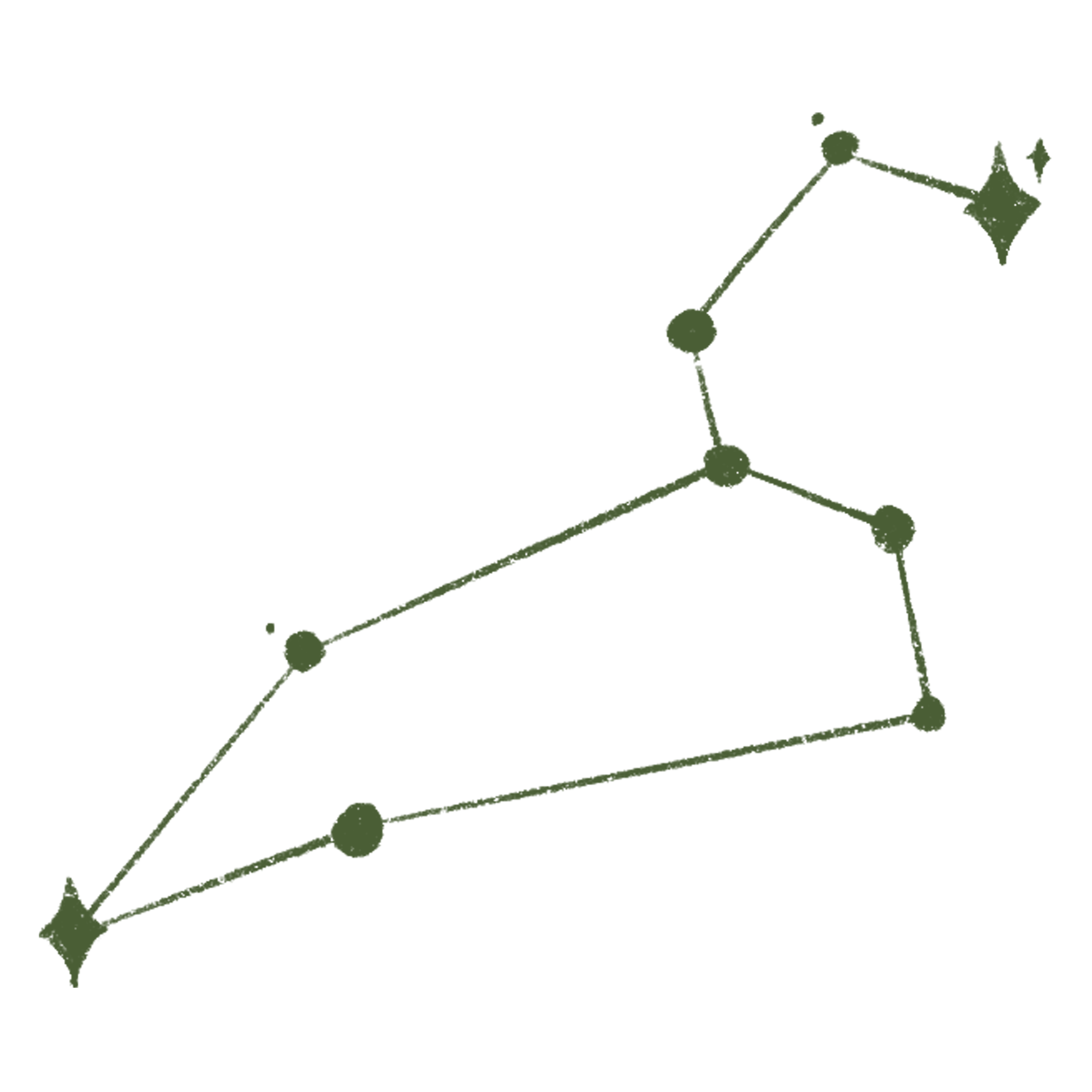A star constellation with a shooting star nearby, set against a black background. The constellation is connected with green lines and dots.
