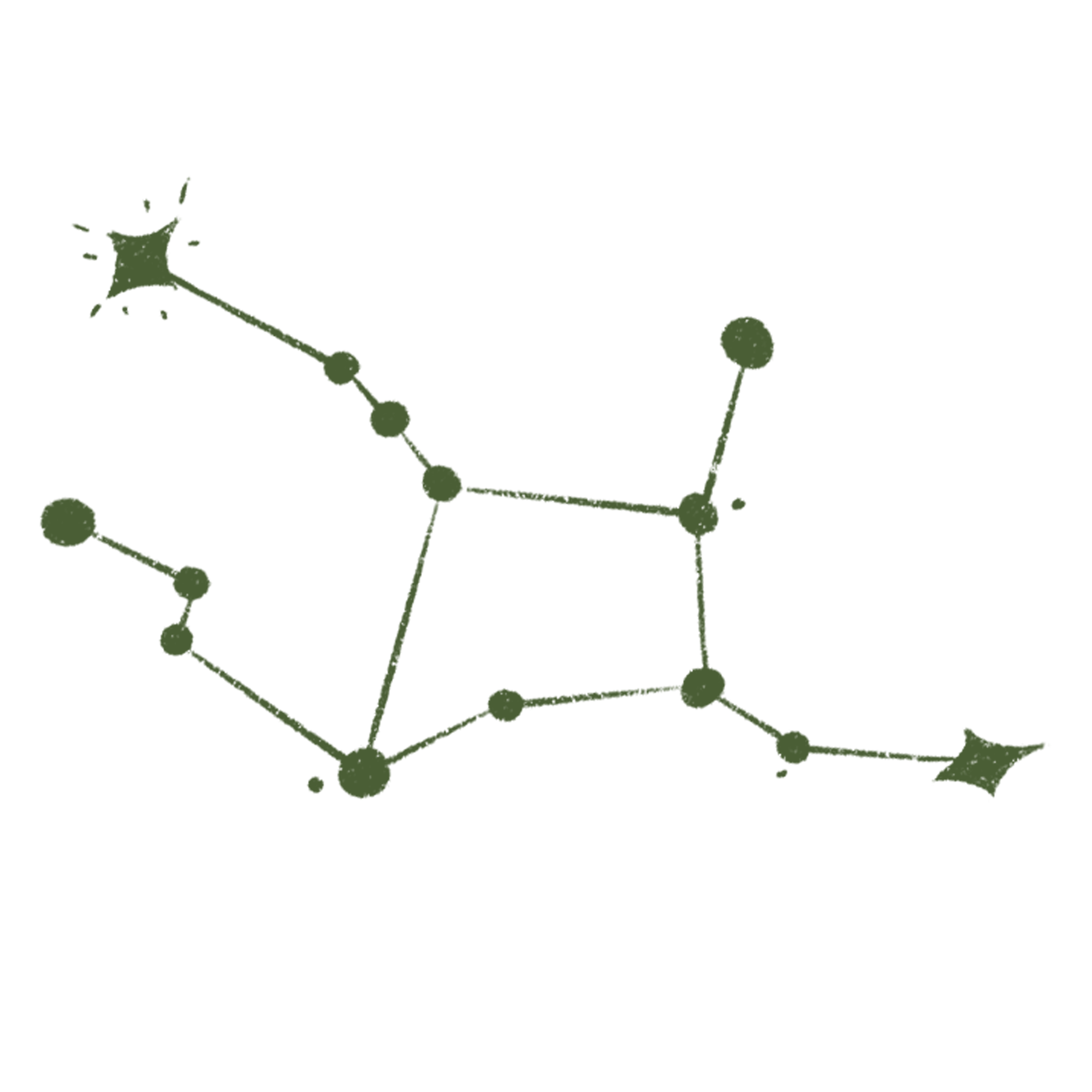 Illustration of a constellation map with green lines and dots on a black background.