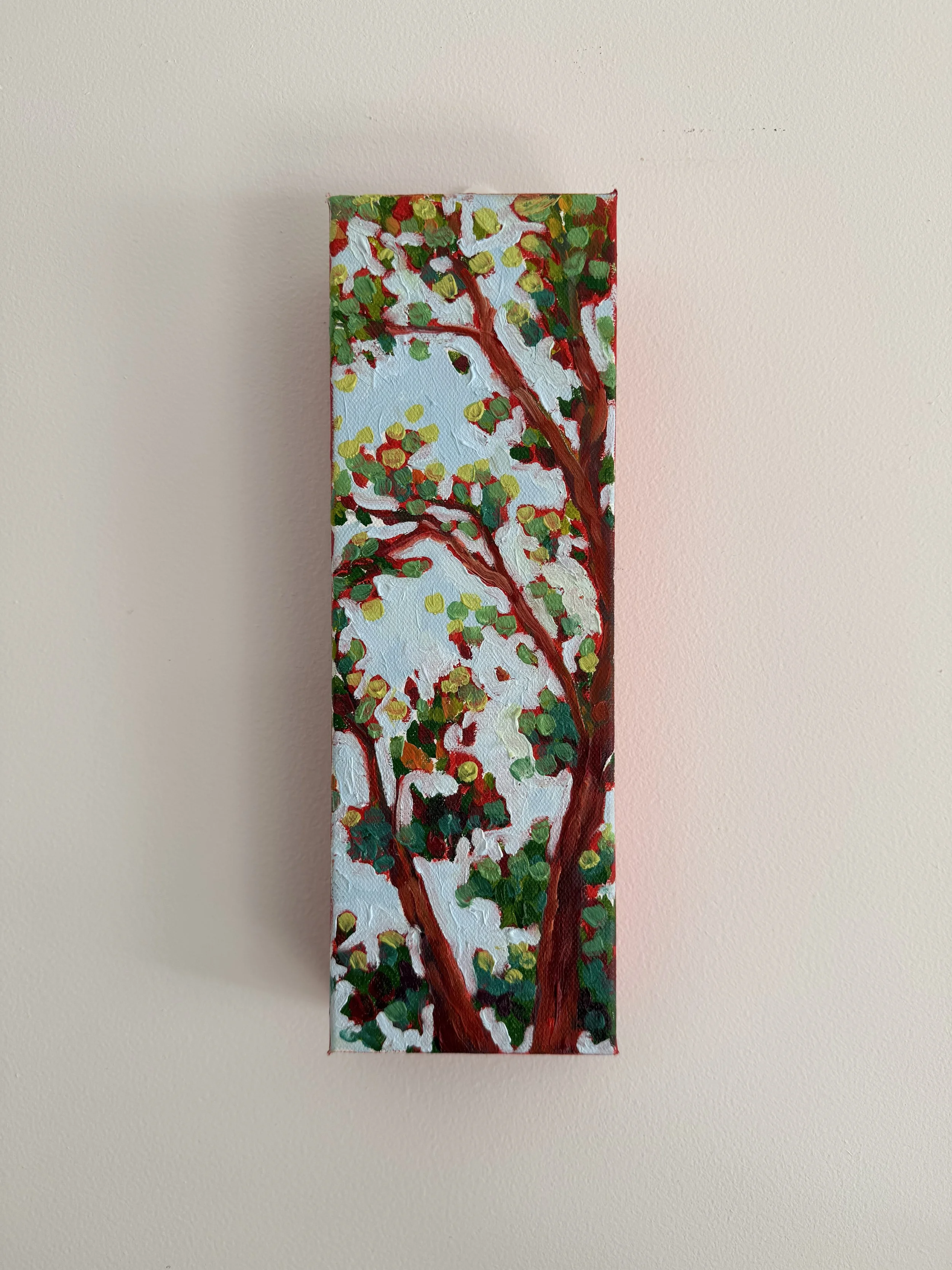 "Between the Leaves," Whitby, ON 2026. 4 × 12 inches Oil Pastel & Oil canvas