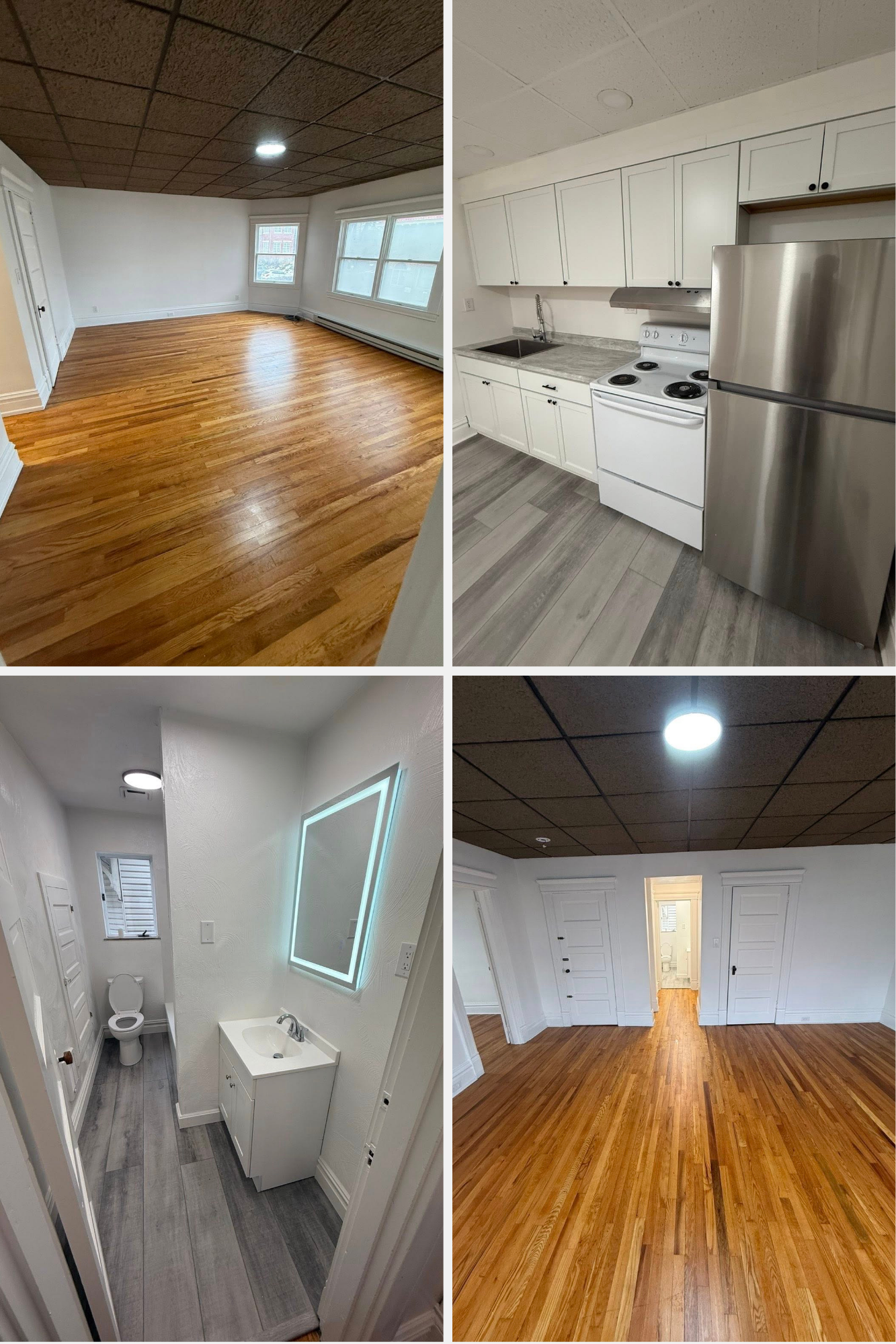 Collage of four photos showing different areas of a house: a spacious empty living room with wood flooring and windows, a kitchen with white cabinets, gray flooring, and stainless steel appliances, a small bathroom with a toilet and a vanity with a m