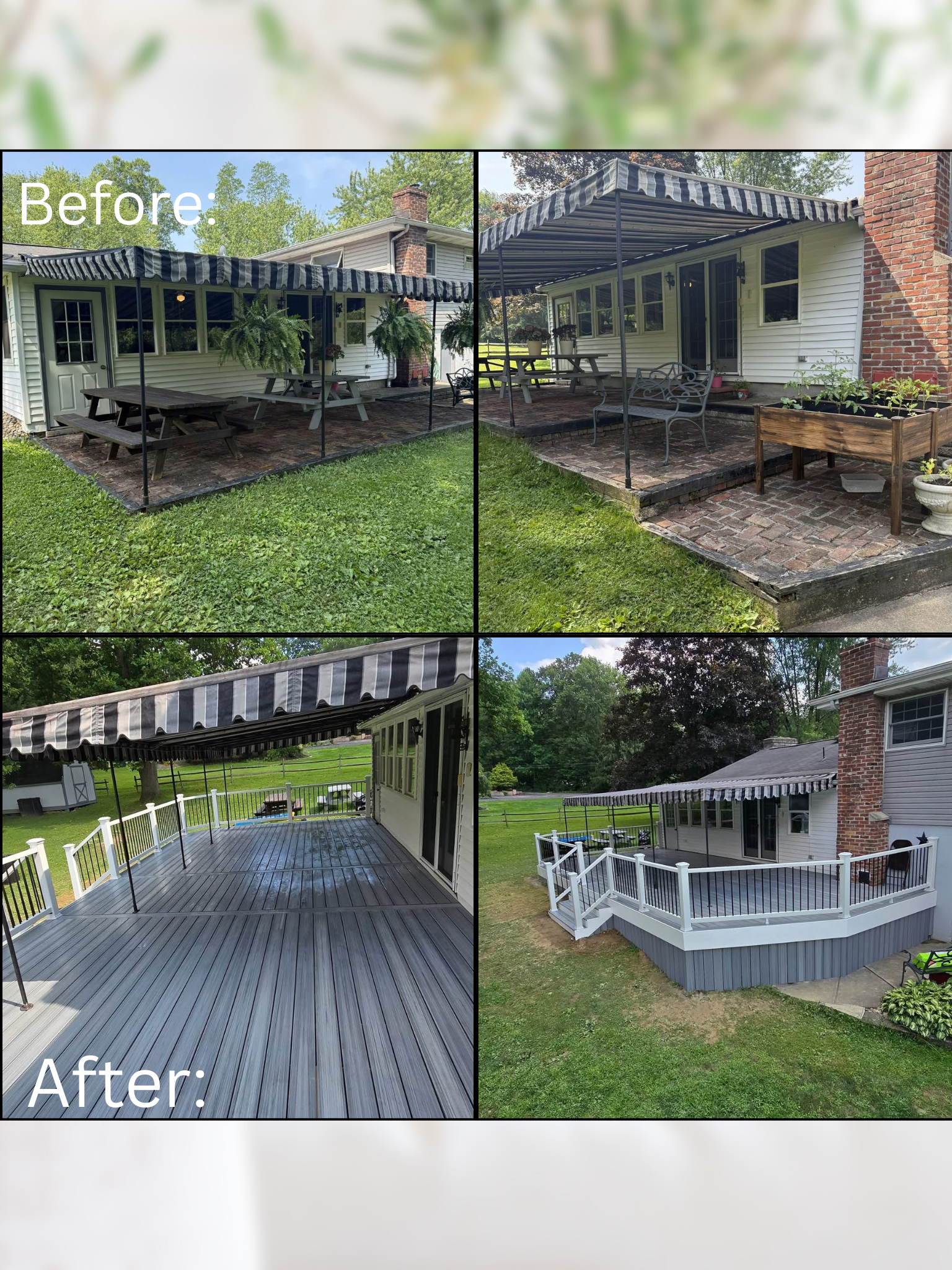 Comparison of a backyard patio before and after renovation. The 'Before' images show a brick patio with outdoor furniture and a striped awning, while the 'After' images depict a renovated deck with gray flooring and a white railing, and a fresh appea