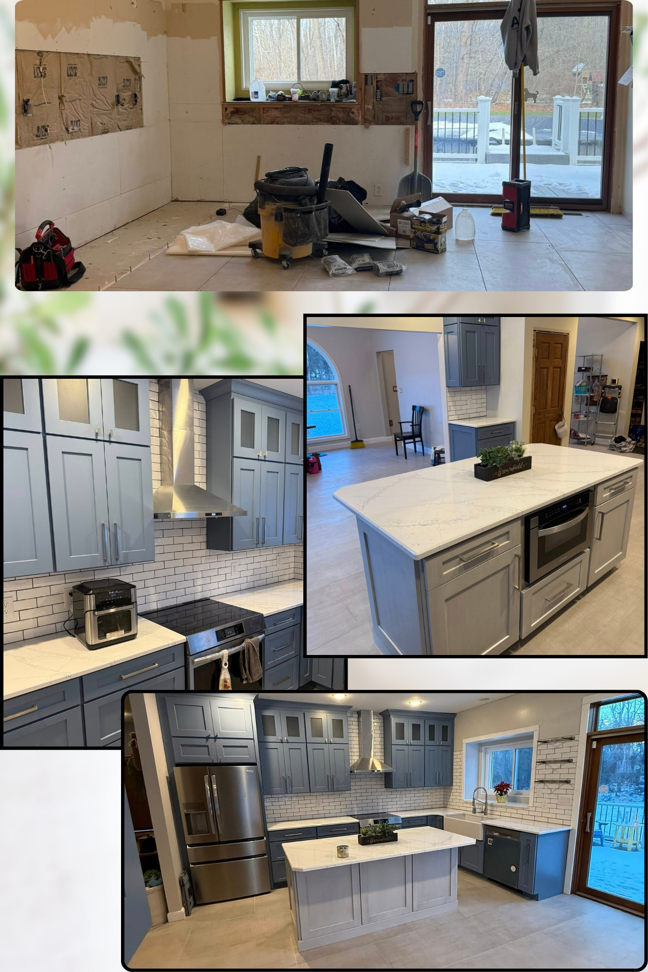 Progression of a kitchen renovation, showing the old, under-construction space, and the completed modern kitchen with gray cabinets, white countertops, and a central island with a marble-like surface.