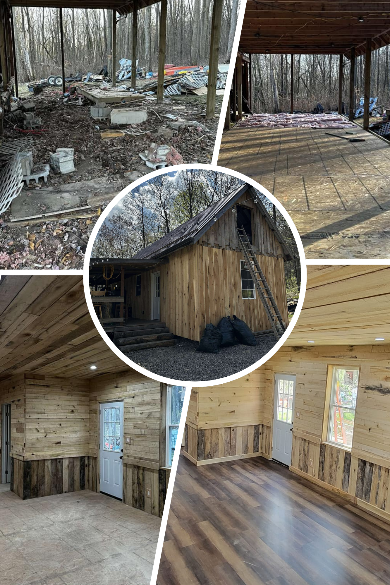 Collage of photos showing the stages of building a wooden house: demolition site with debris, the house with a new wooden exterior being constructed, and interior rooms with wood paneling and flooring.