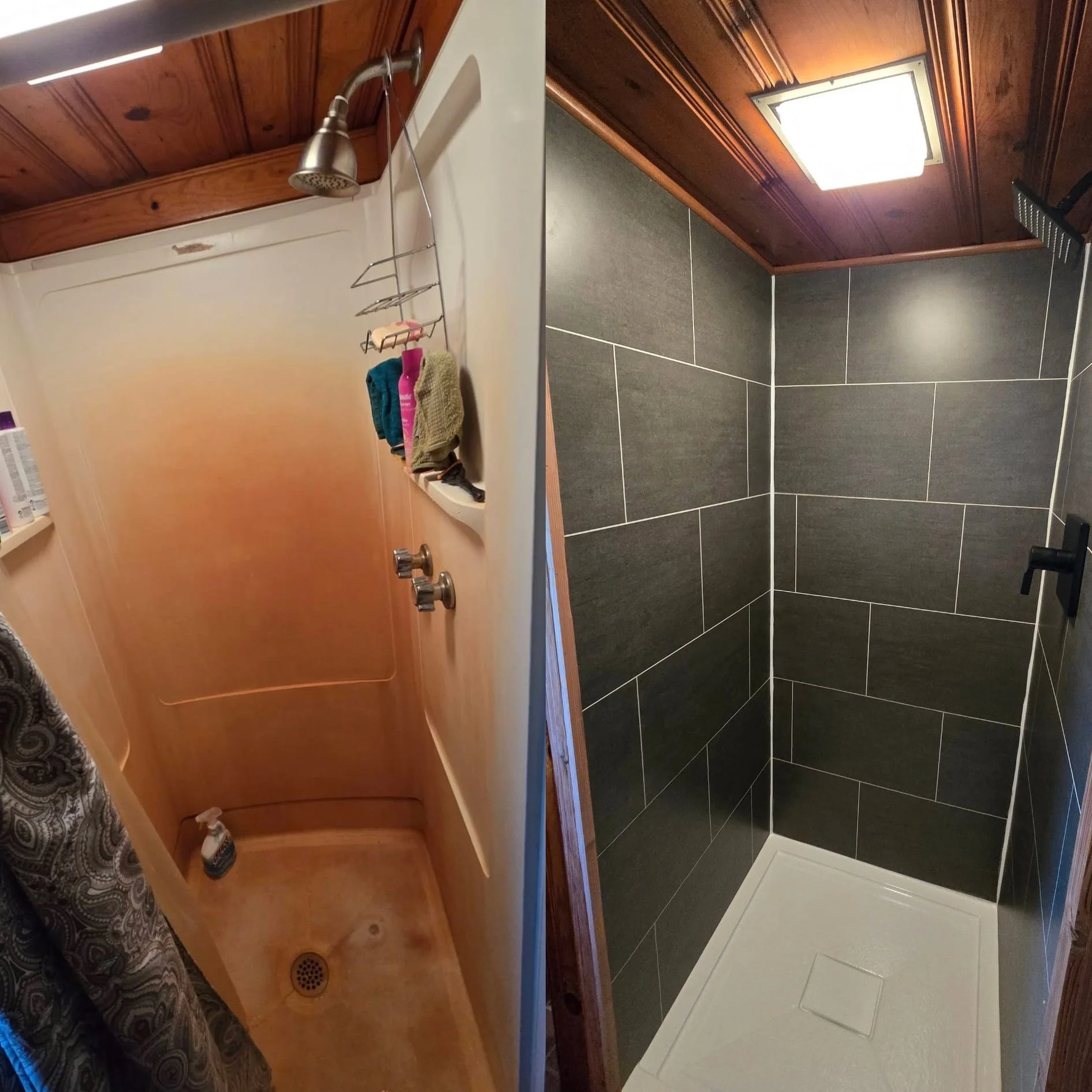 Comparison of two shower stalls, one with a older, beige-colored shower with a showerhead, soap, and toiletries, and the other with a modern, gray, tiled shower with a white base and wooden ceiling.