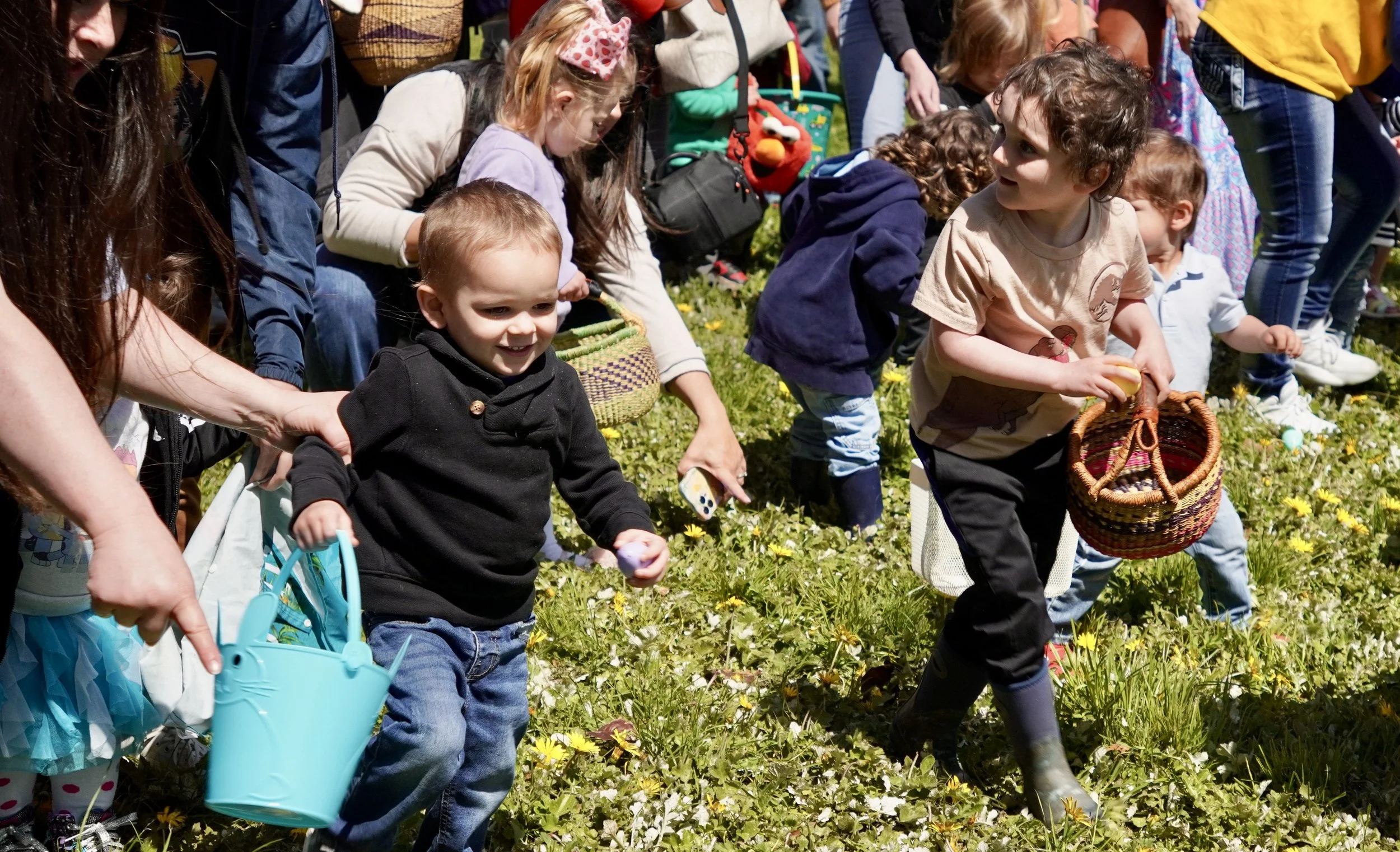 Children participating in an Easter egg hunt outdoors, holding baskets, with adults assisting, on a grassy field with yellow flowers.