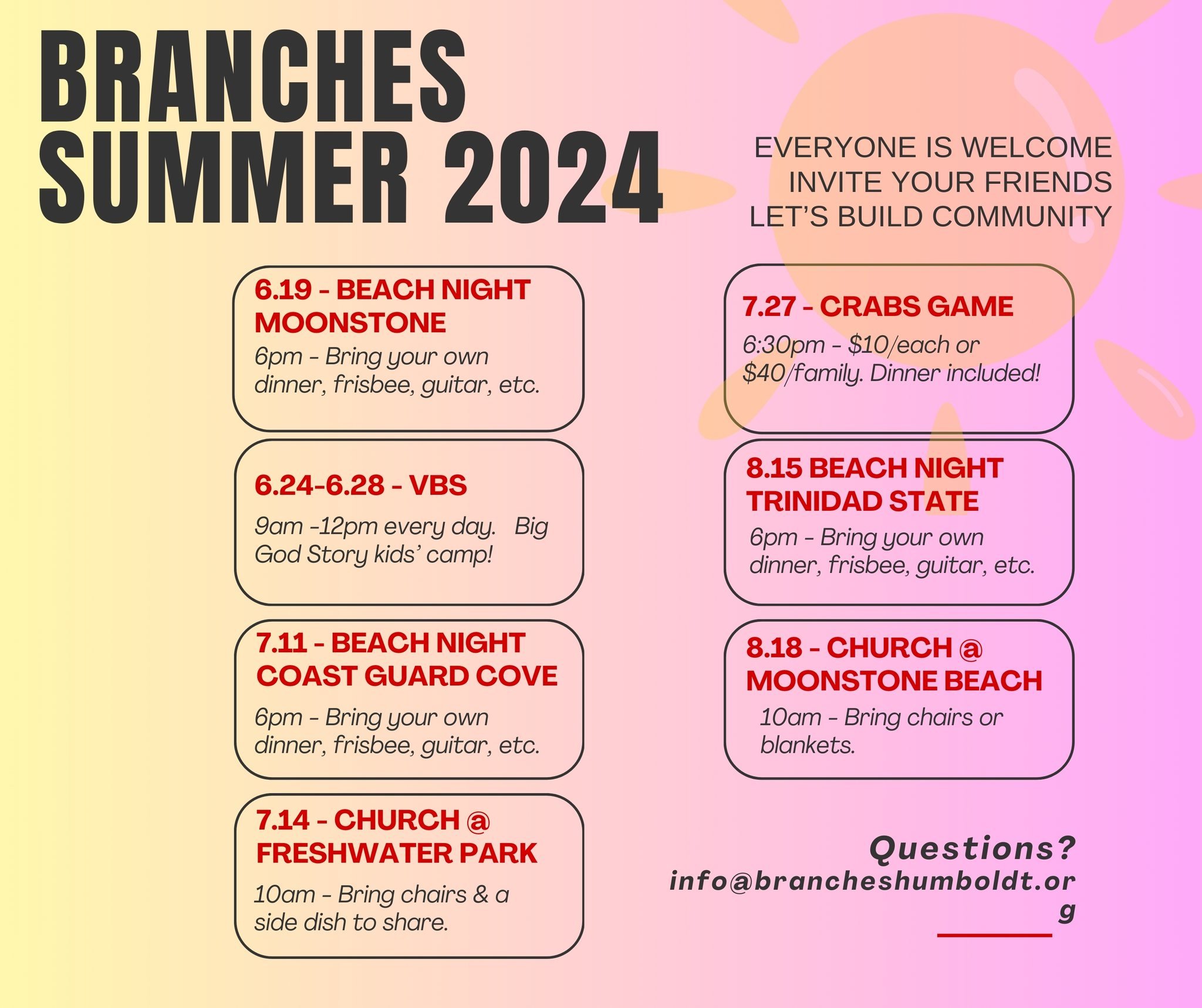 We've got an epic summer planned with fun and meaningful gatherings designed to help you grow your friendships and your faith! Mark your calendars now for these special events. The first one coming up is our first BEACH NIGHT at Moonstone Beach on Ju