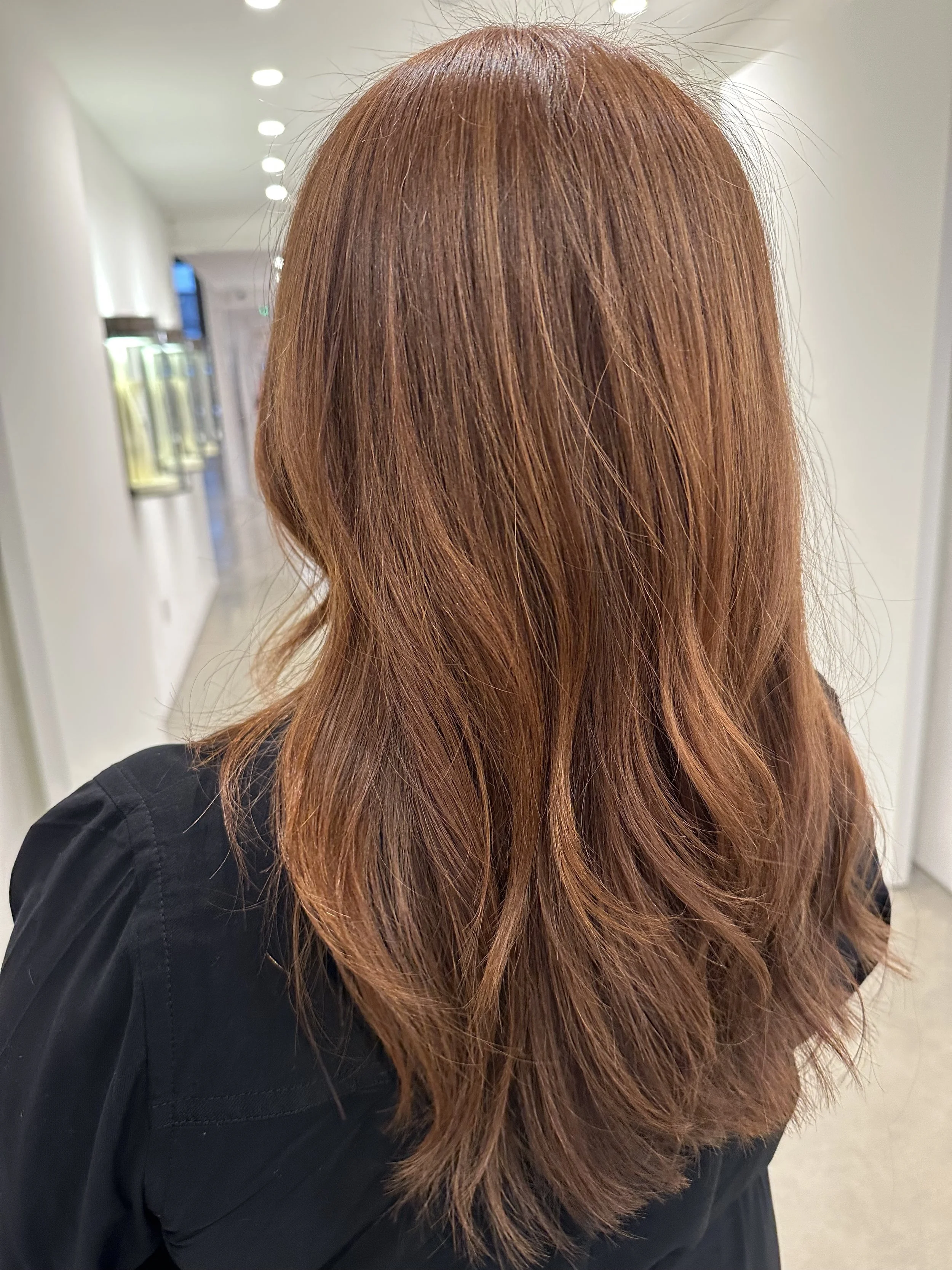 Woman with long, wavy auburn hair, seen from the back, in an indoor setting.