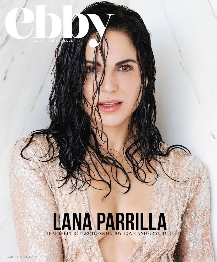 Cover of Ebony magazine featuring Lana Parrilla with wet, curly black hair, wearing a sparkly, beige top, against a white background, with headlines about joy, love, and gratitude.