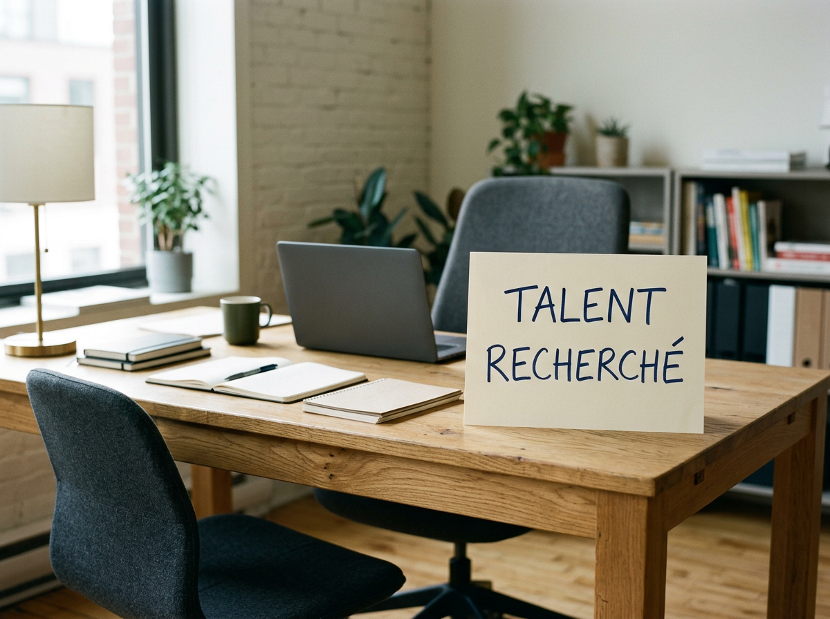 Un bureau avec un ordinateur portable, un cahier ouvert, des livres, une tasse, une lampe et une affiche avec l'inscription « Talent Recherché » dans une salle de coworking ou un bureau moderne.