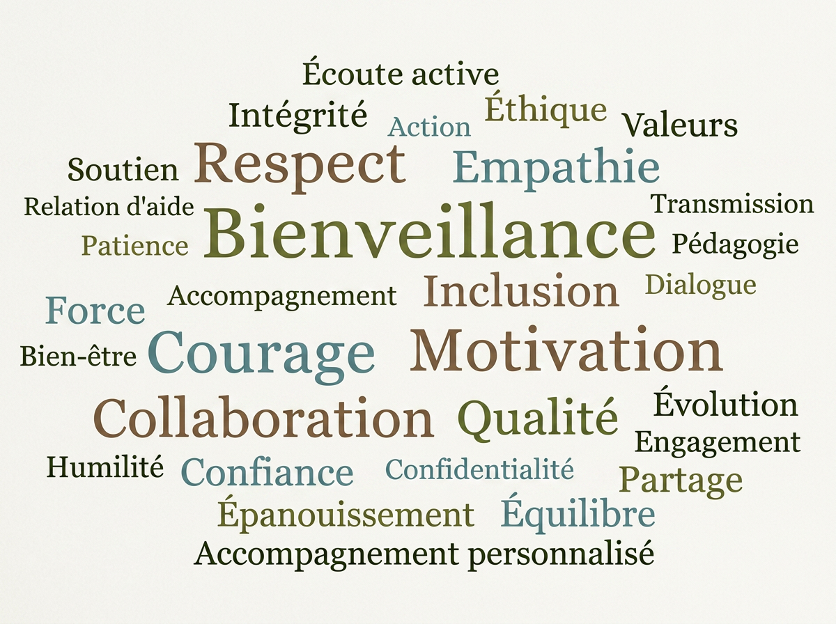 Nuage de mots en français avec des termes liés au bien-être, au respect, à la confiance, à la collaboration, à l'empathie, à la motivation, au courage, à la qualité, à l'inclusion et à l'écoute active.