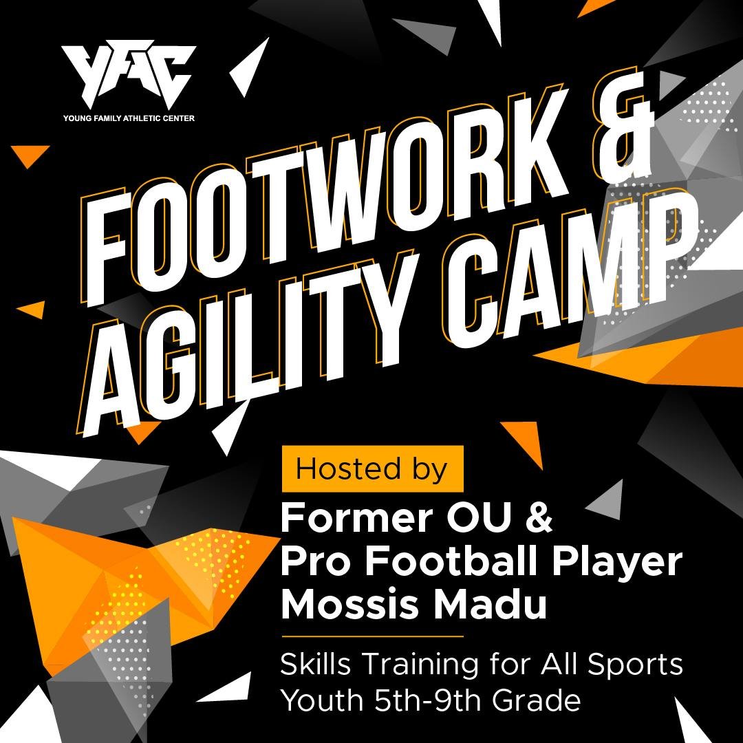 Join Former OU/Pro Football Player Mossis Madu for an action-packed Footwork & Agility Camp designed to help young athletes improve speed, coordination, and overall athletic performance!
🗓️ July 28-29
⏰ 9:00-10:30 am
📍YFAC
Open to 5th-9th gr