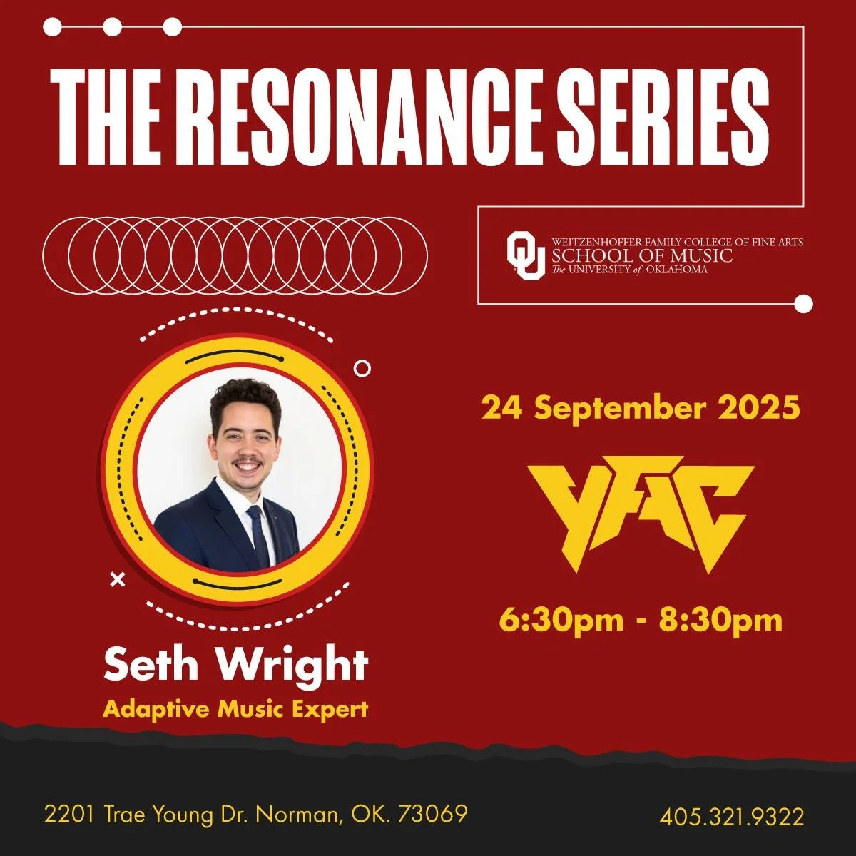 Coming up soon! 📢🚨 Join us on September 24 from 6:30 - 8:30 PM at the YFAC for a very special guest presentation from the highly talented adaptive music designer, video game, and film composer Seth Wright! 🔥🤩 He's worked with everyone from Disney