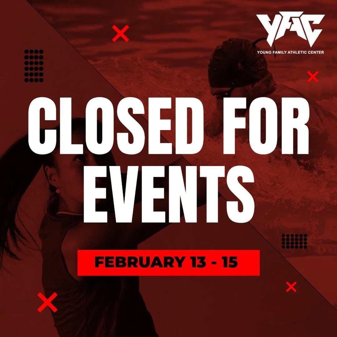 🚨 The YFAC will be closed to the public this weekend,
February 13-15, for a volleyball tournament, league games, and the OKSW Regionals Swim Meet. 🚨  Thank you for your understanding, and we will see you next week! 🏊🏐🏀🏆