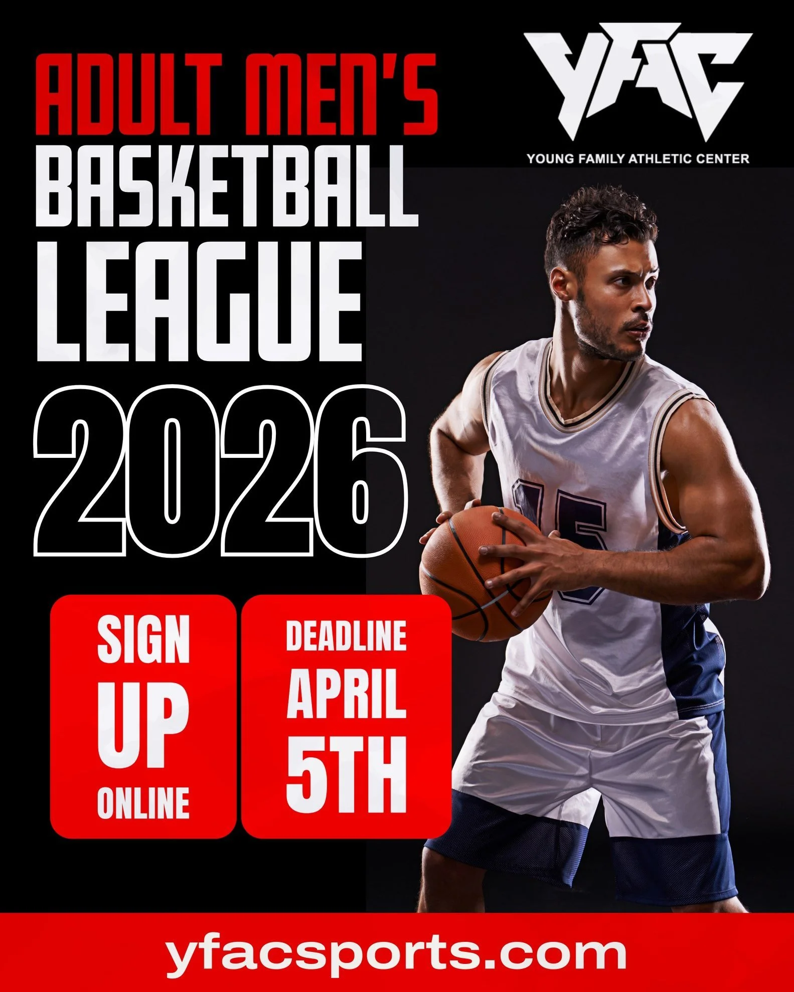 🏀 Hey basketballers! Join our Adult Men's Basketball League at the YFAC! This is the perfect opportunity to showcase your skills and enjoy some friendly competition. 

📅 League Dates: 04/6 - 6/1
🕒 Game Days: Mondays from 6:30-9:30 pm
📍 Location: 