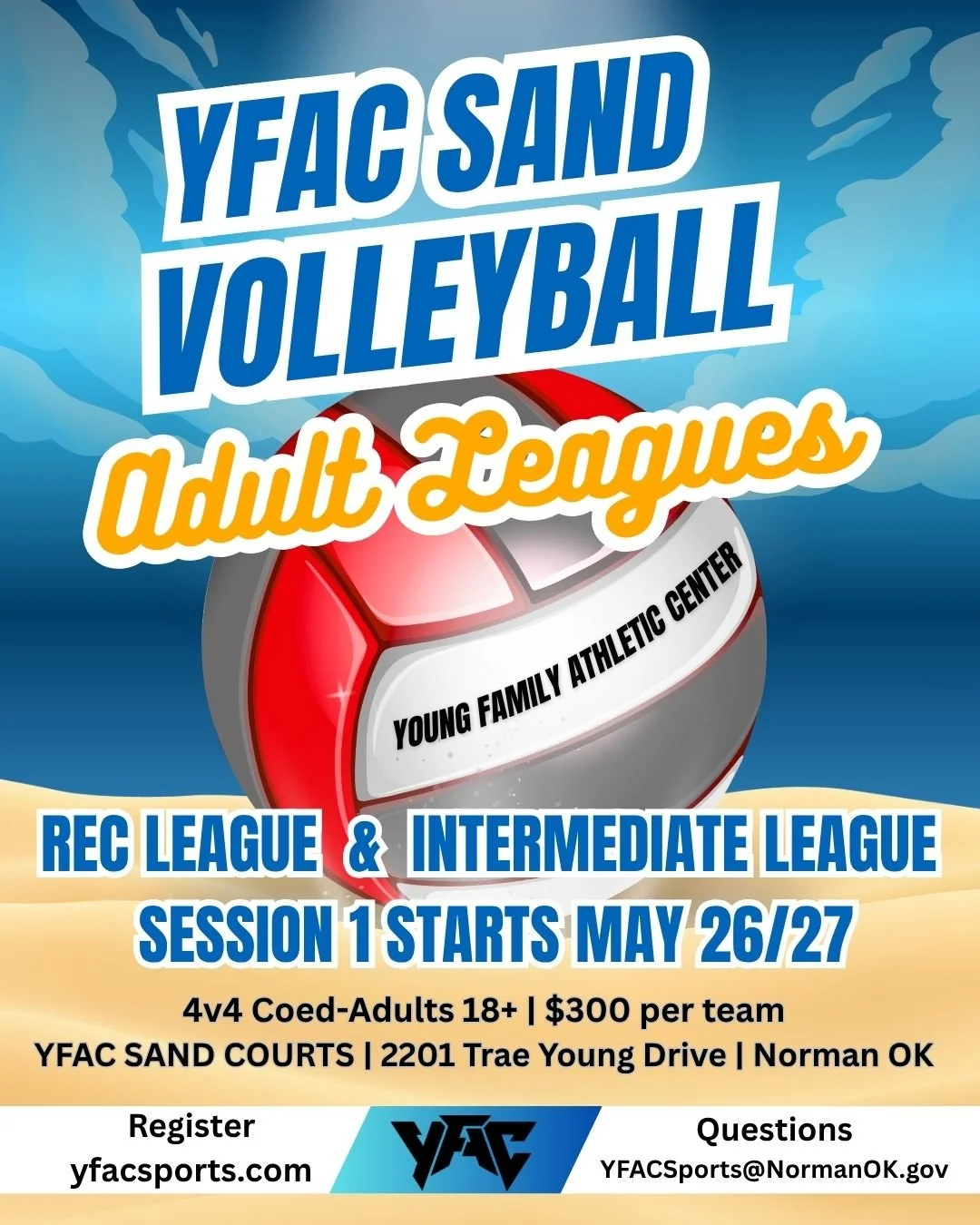 🏐 Registration is open for YFAC's 4v4 Adult Co-ed Sand Volleyball Leagues!

The Rec league will play on Tuesdays &amp; Intermediate league will play on Wednesdays- Weather reschedules will be on Thursdays if needed

6 Week League, 5-week league game