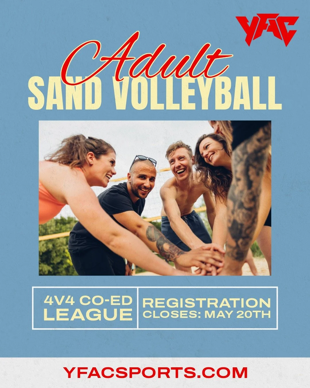 4v4 Rec &amp; Intermediate co-ed Sand Volleyball registration is OPEN! 🤩🏆 

𝟮 𝗗𝗶𝘃𝗶𝘀𝗶𝗼𝗻𝘀
Adult Recreational Division 18+
Adult Intermediate Division 18+

𝟲 𝗪𝗲𝗲𝗸 𝗟𝗲𝗮𝗴𝘂𝗲
5-week league games, 10 games/2 games per night
1-week singl