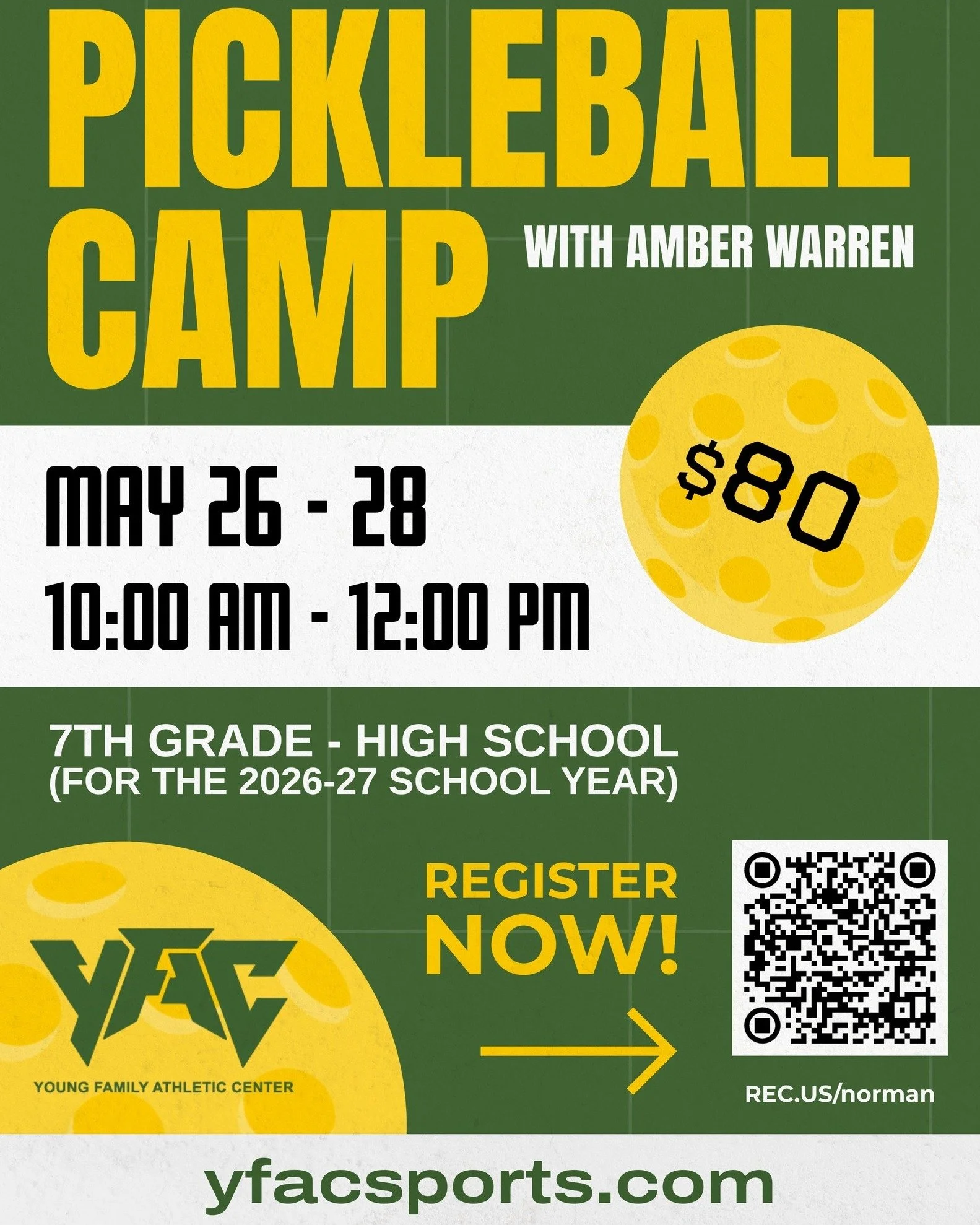 Pickle Ballers! 🏓🎾 The DEADLINE to sign up for our 3-day pickleball camp is only a few days away!! Sign up at the link below!! ⬇⬇⬇ 

SIGN UP: https://tinyurl.com/PickleBallCampSignUp

🗓️ May 26 - 28
🕓 10:00 am - 12:00 pm
📍 Young Family Athletic 