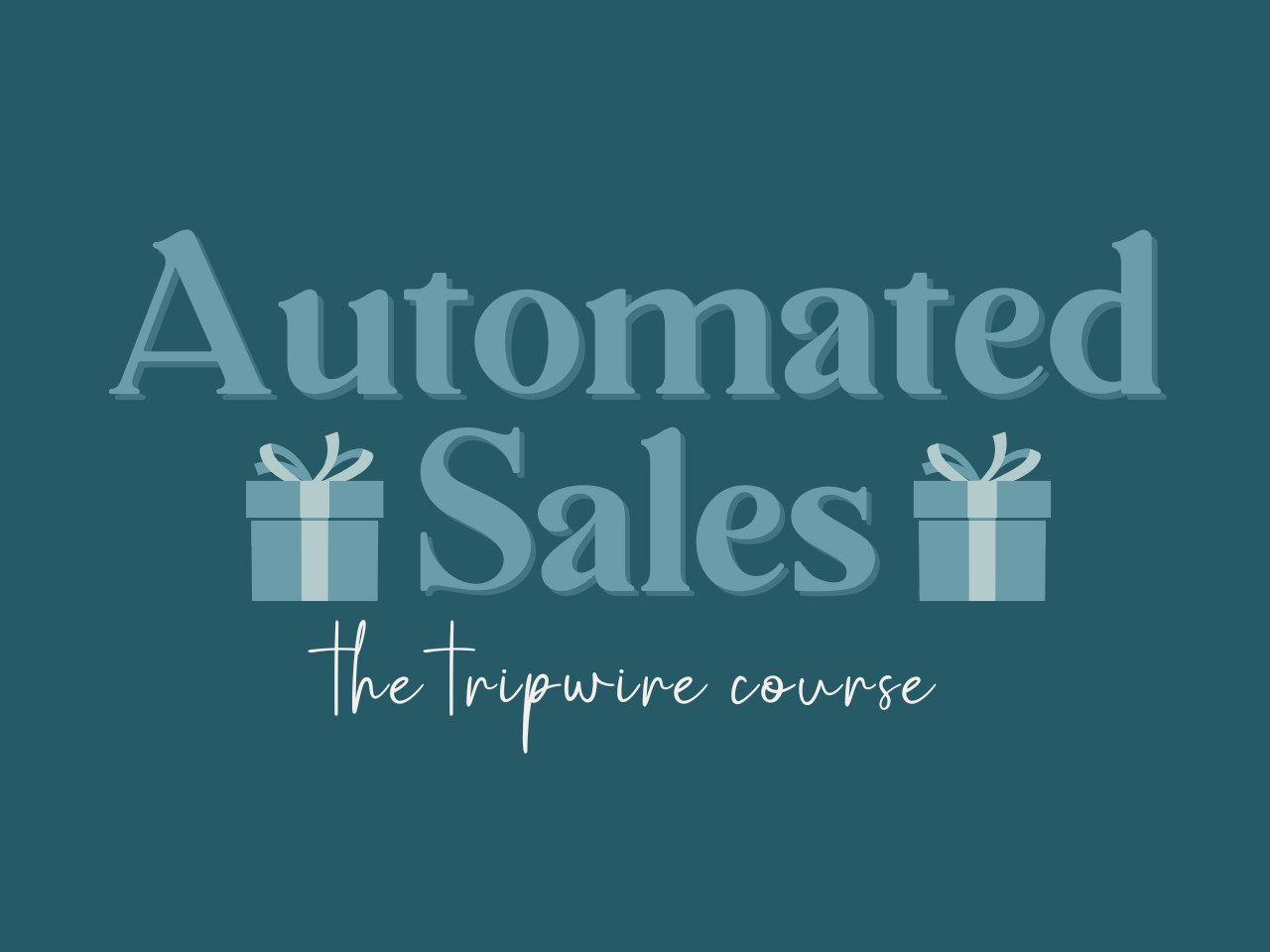 Graphic promoting an automated sales live course with text, gift icons, and a dark teal background.