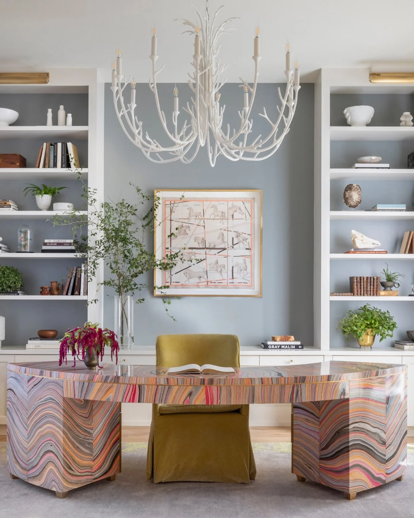 A collected mix of color, pattern, texture, and pieces with a past. In this Upper Kirby home, we found new ways to incorporate pieces the client already had, including a custom vanity reimagined as a freestanding desk. 

Featured in @wsj
Photography 