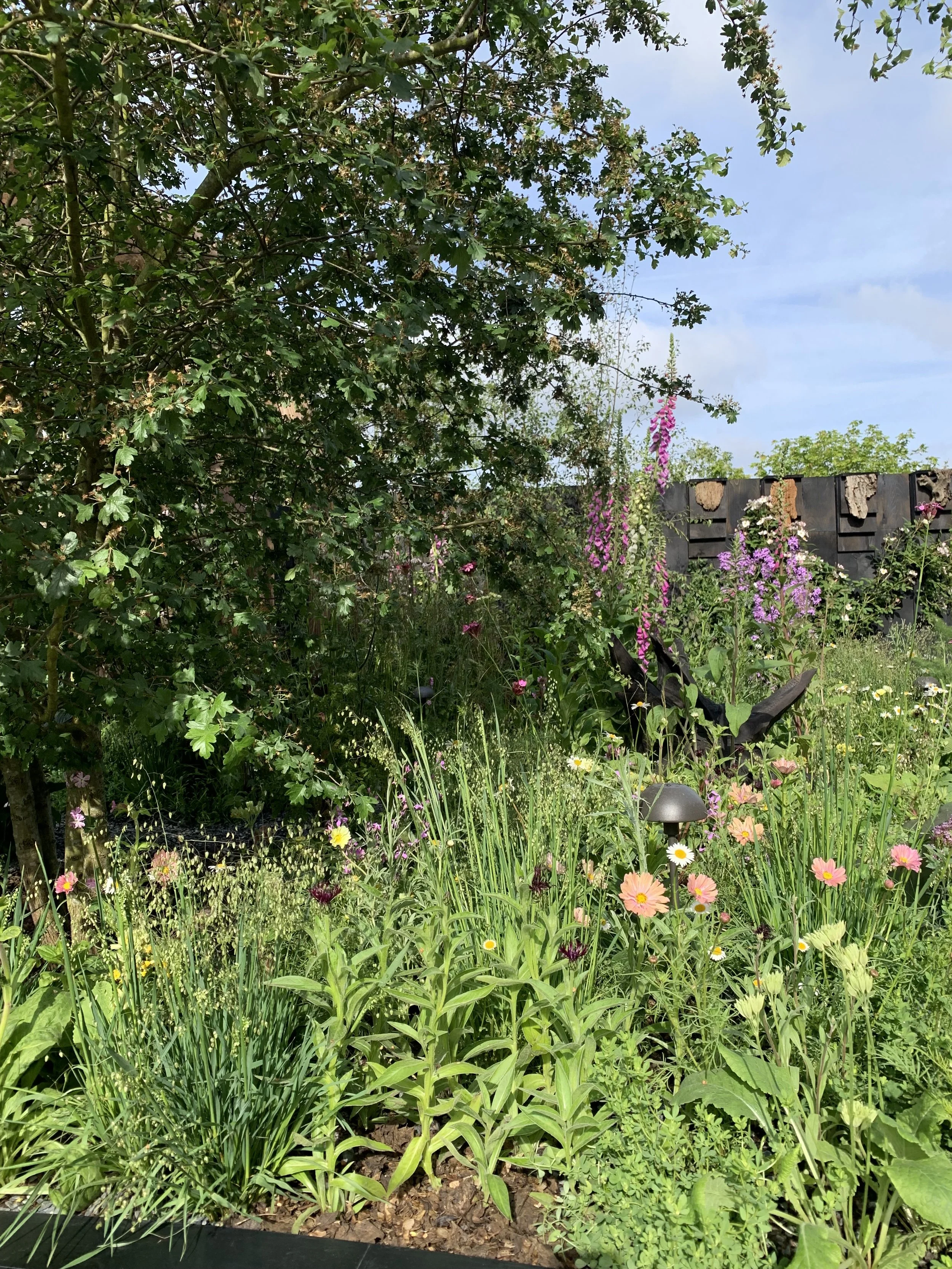 A lush garden with various flowering plants and greenery, with a black decorative fence in the background and a partly cloudy sky.